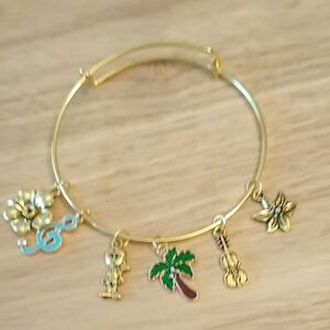 Gold Charm Bangle Bracelet with Tropical Palm and Floral Charms
